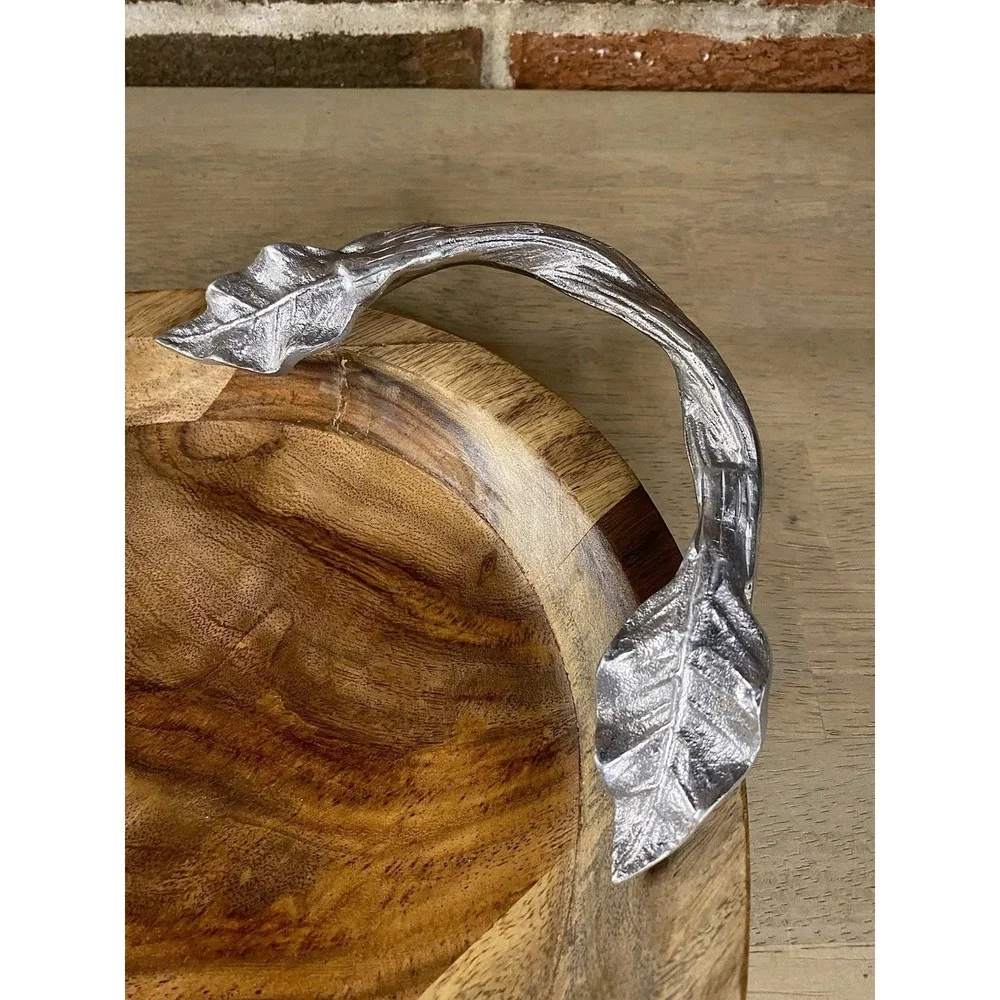 Vintage Pier 1 Wood Oval Serving Tray Pewter Leaf Twig Handle Charcuterie